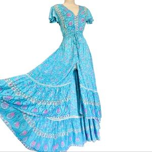 AURA Paisley Blue Pink Boho V Neck Slit Open Back Cutout Ruffle Maxi Dress